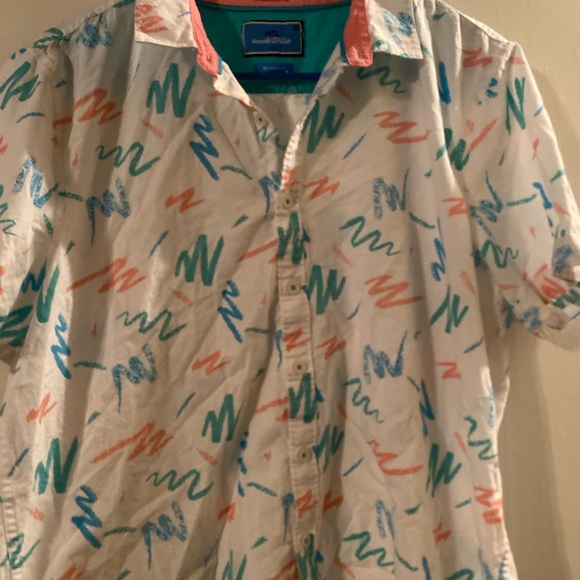 MT Other - MT White Short-Sleeve Button-Down Shirt with Teal Blue and Coral Scribble Print